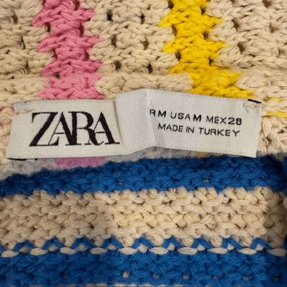 ZARA Crocheted Cotton Halter Crop Top Tank Pastel Blue Pink Yellow Size Medium - Picture 4 of 9